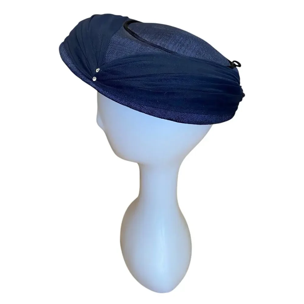 Vintage 1950s Navy Blue Saucer Hat Chiffon Rhinestone Tilt Hat - Picture 4 of 6